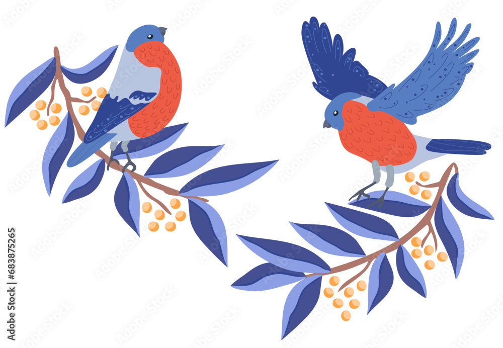 Obraz premium Bullfinches on branches, vector illustration, flat cartoon style, isolated on white background