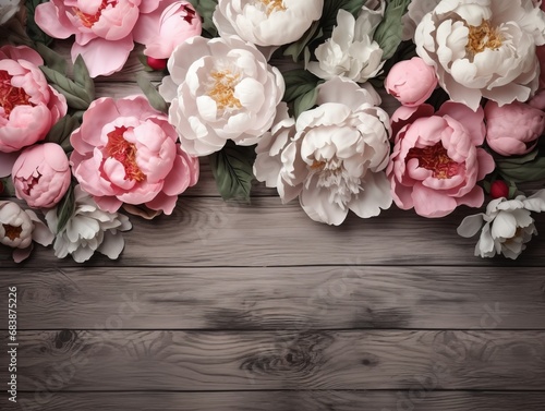 Captivating Beauty: A Close-Up Look at Delicate Peonies Against a Rustic Wooden Backdrop Generative AI © monsifdx