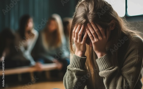 Distraught Teen girl Seeks Solace in School Corridor, Overwhelmed by Bullying and Discrimination