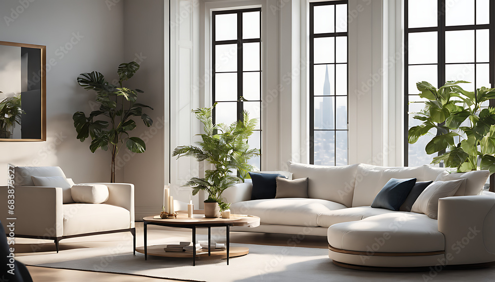 A large white couch sits before a window, bringing light to a spacious living room with a tall potted plant, creating a serene and inviting atmosphere..