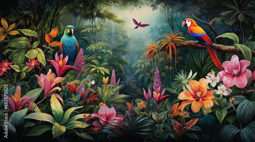 A verdant rainforest alive with the vibrant colors of exotic birds and flora.