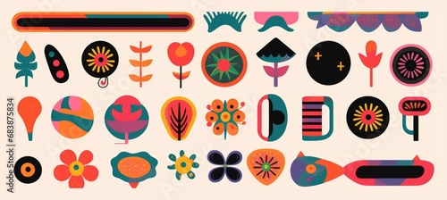 Set of abstract retro geometric shapes . Collection of contemporary figure, snake, bird, bolt, flower in 70s groovy style. Cute hippie design element perfect for banner, print, stickers, Generative AI photo