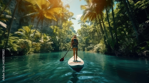 Stand up surfer woman swim with paddle. Sport recreation fitness. Summer Vacation. Sup board surf Journey. Girl rowing paddleboard in jungle blue river. Sportsman floating Surfboard. Watersport travel photo