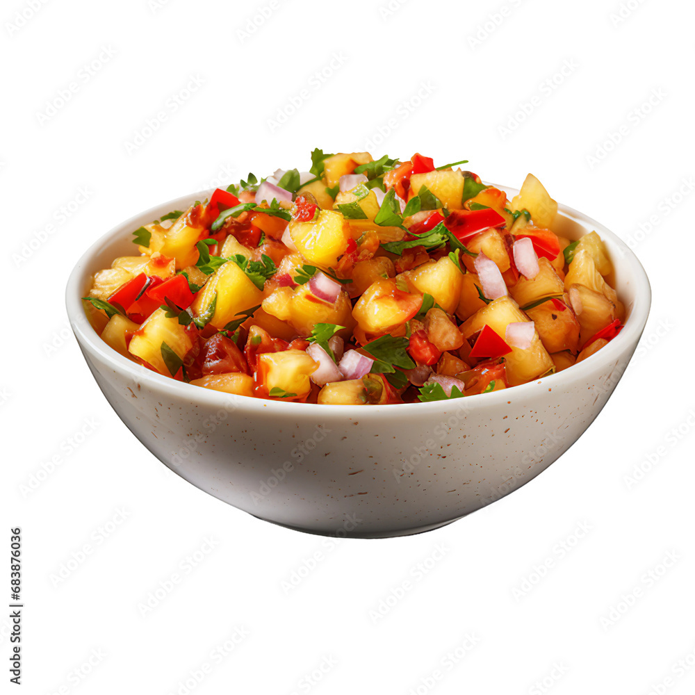 A Bowl of Fresh Pineapple Salsa Isolated on a Transparent Background A Bowl of Fresh Pineapple Salsa Isolated on a Transparent Background