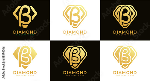 Set of diamond logos with initial letter B. These logos combine letters and rounded diamond shapes using gold gradation colors. Suitable for diamond shops, e-commerce