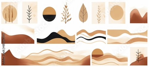 Hand drawn abstract minimal element mid century set. Aesthetic contemporary stripe line art, watercolor geometric shapes, mountain in earth tone. Design for wall art, decoration, Generative AI