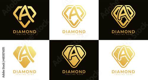 Set of diamond logos with initial letter A. These logos combine letters and rounded diamond shapes using gold gradation colors. Suitable for diamond shops, e-commerce