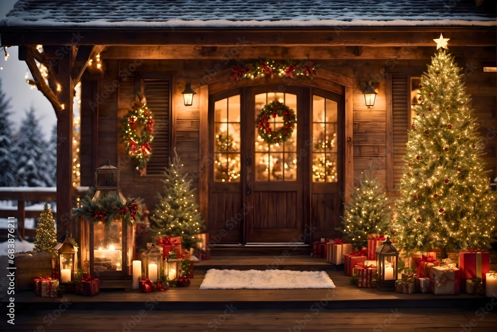 Rustic Style House Full of Christmas Decorations with Dramatic Cozy Lightings, Winter Snow Outside, Detailed, Super Resolution