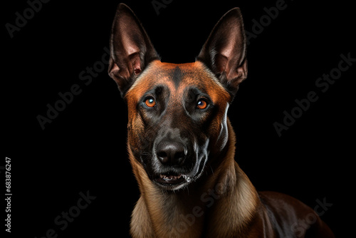 Belgian Shepherd dog close-up portrait with a black background.