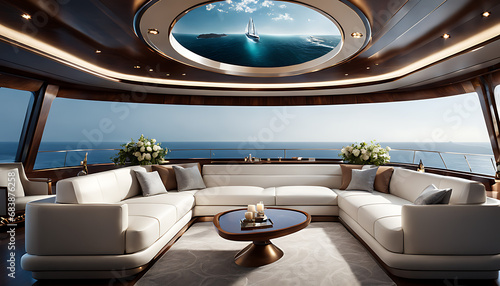 A luxurious yacht cabin features a white leather couch and armchair arranged around a coffee table, providing an elegant space with panoramic ocean views. 