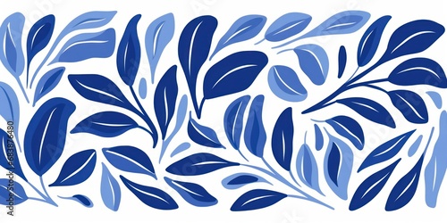 Matisse art background . Abstract natural hand drawn pattern design with blue leaves, branches. Simple contemporary style illustrated Design for, Generative AI photo