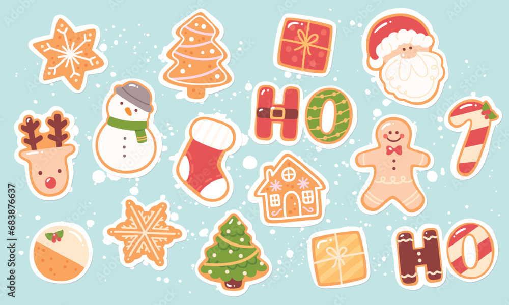 Christmas holiday gingerbread cookies stickers set. Traditional winter baked Xmas snack delicious food. Christmas celebration, New Year ginger biscuit dessert decoration vector background illustration Christmas holiday gingerbread cookies stickers set. Traditional winter baked Xmas snack delicious food. Christmas celebration, New Year ginger biscuit dessert decoration vector background illustration