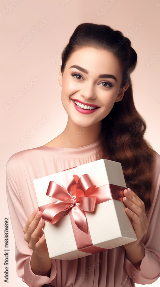 Beautiful Young Elegant Woman in a Stunning Dress Holding a Gift Box - A Stylish Display of Grace and Elegance Beautiful Young Elegant Woman in a Stunning Dress Holding a Gift Box - A Stylish Display of Grace and Elegance
