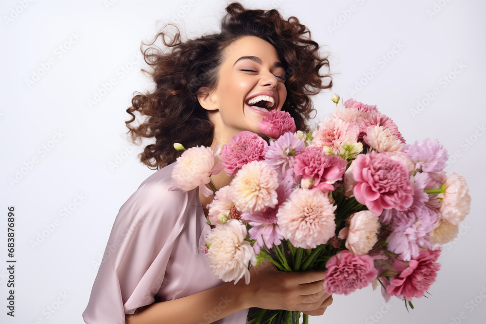 Beautiful, Laughing Girl with a Large Bouquet of Flowers on a White Background - Celebration and Warm Congratulations Captured in Radiant Joy Beautiful, Laughing Girl with a Large Bouquet of Flowers on a White Background - Celebration and Warm Congratulations Captured in Radiant Joy