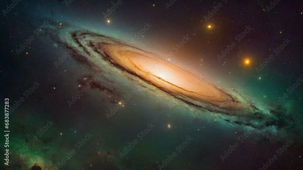 Fototapeta premium Bright fictional large galaxy in the space designed with green and golden colors with stars, planets and clouds. AI Generated