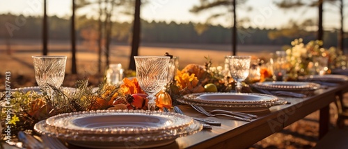 With a forest in the backdrop, an outdoor Thanksgiving centrepiece. photo