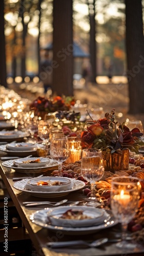 With a forest in the backdrop  an outdoor Thanksgiving centrepiece.