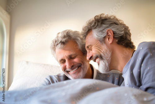 You are the beautiful part of my life. Gay couple spirit men hugging in bed. Romantic feelings. Love. LGBT concept.