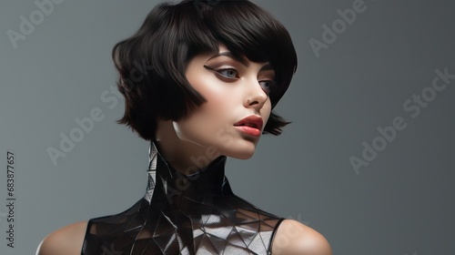 Unusual and modern hairstyle of a girl with dark hair in a simple background