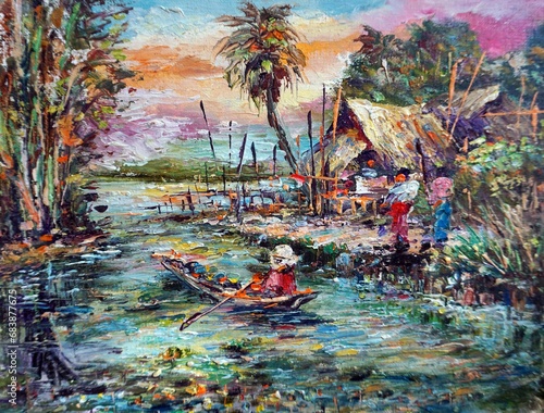 Original Oil painting Fine art Thailand Countryside