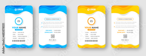 corporate Modern creative minimal simple business office id card design set with blue and yellow color. Corporate company personal security badge Office employee identity card template.