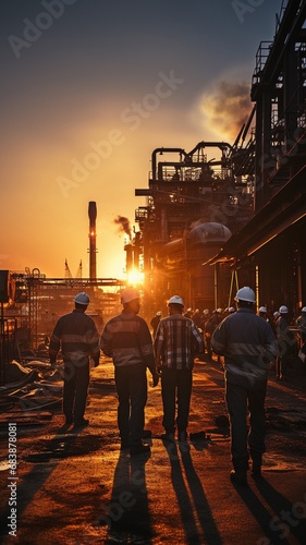 Engineers and construction workers in silhouette adjacent to an industrial building .