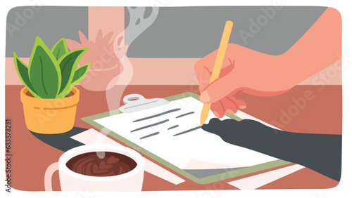 Person hand writing letter with pen on paper. Hand writing note on paper sheet on desk with coffee cup, potted plant at home. Office work, business document, cozy workplace flat vector illustration