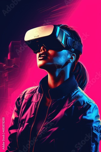 Synthwave style Illustration of people using VR headset © BrandwayArt