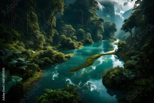 A winding river flowing through the rainforest, with exotic plants and wildlife thriving along its banks - Generative AI Technology 