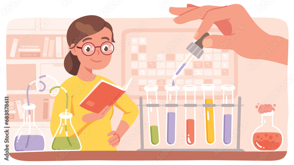 Student person studying chemistry science. Woman learn holding book, hand adding chemical substance in flask in scientific laboratory. University education, knowledge concept flat vector illustration Student person studying chemistry science. Woman learn holding book, hand adding chemical substance in flask in scientific laboratory. University education, knowledge concept flat vector illustration