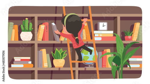 Student person choosing book on library bookshelf. Girl kid person standing on ladder taking textbook from shelf. Literature, education, school study, knowledge concept flat vector illustration 