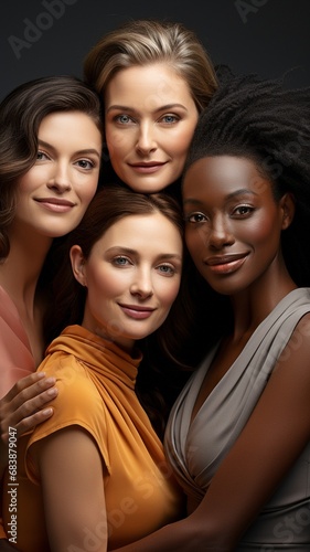 Isolated women, faces and inherent beauty, diversity and well-being, dermatology, and companions against a studio backdrop. individual skin,.