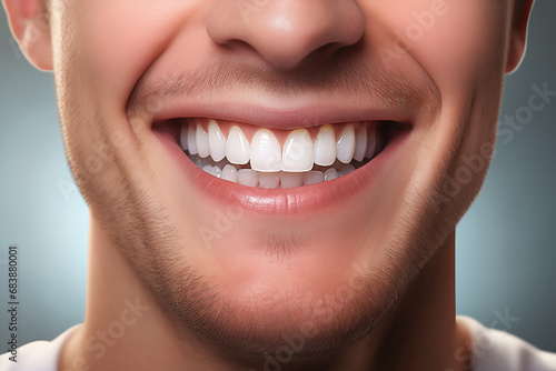 Young man with perfect healthy white teeth smile. Health, teeth whitening, dental care, dentistry, stomatology concept