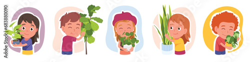Girls, boys kids growing houseplants set. Happy children persons holding caring about domestic potted plants. Beautiful floral home decoration, gardening, botany flat vector illustration collection