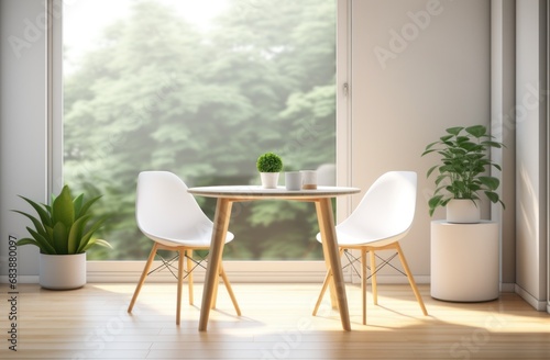 a room with a table, chair and plants in the center