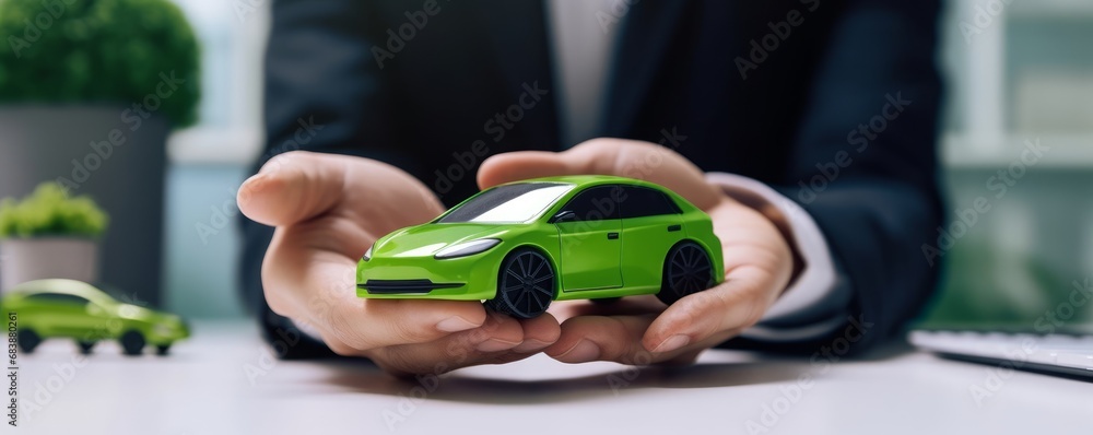 Businessman holding green EV car model mock in electric car company meeting, business people planning strategic marketing for eco-friendly vehicle product using clean energy, Generative AI