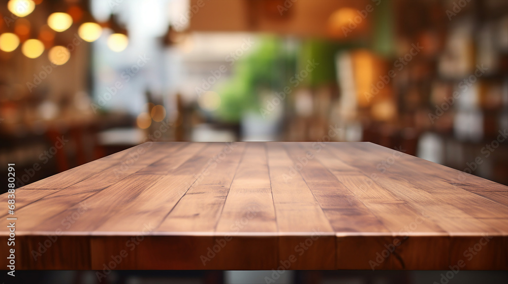 Wood Table on Blurred Kitchen Background - Rustic Dining Space