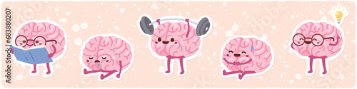 Animated brain cartoon character reading, training. Smart healthy human brain studying, getting tired, lifting weight, resting, having idea. Intellect, education concept flat vector illustration set