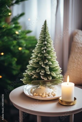 a small christmas tree in a room with candles and decorations,