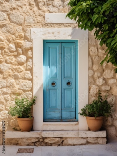 a small green building with a blue door overlooking the street,