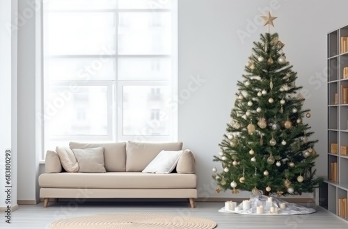a small grey and white christmas tree with ornaments