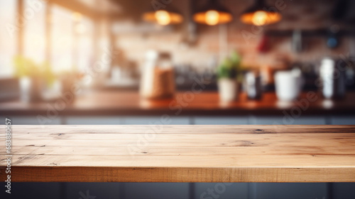Wood Table on Blurred Kitchen Background - Rustic Dining Space