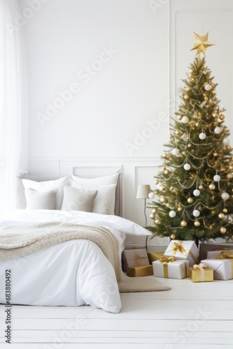 a white bedroom with a christmas tree and decorations are arranged in a rusti...