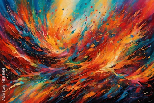 An abstract explosion of colors bursts forth, as if a vibrant palette has ignited in a symphony of energetic hues. 