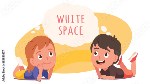 Happy girl, boy kid daydreaming. Cute smiling little child person lying, thinking imagining dream set. Dreamy children fantasy, daydream imagination, future wish, childhood flat vector illustration