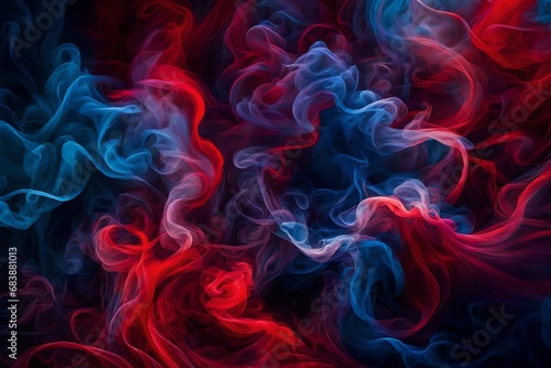Dramatic swirls of smoke and fog dance in a mysterious choreography, bathed in contrasting vivid red, blue, and purple hues.