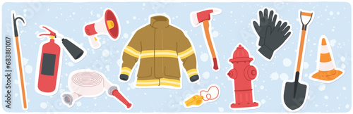 Firefighter emergency equipment stickers set. Axe, hose, hydrant, extinguisher, safety traffic cone, spade fireman tools. Fire fighting department service, protection flat vector illustration
