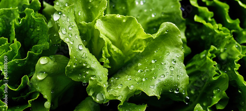 Fresh green salad leaves, with water drops over it, closeup macro detail. Generative AI photo