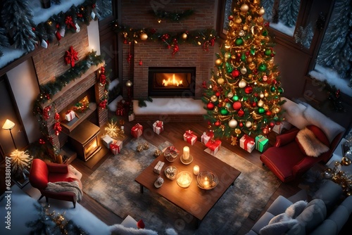 Christmas background. A top view of a festively decorated living room featuring a glowing fireplace, a beautifully adorned tree. Generative AI.