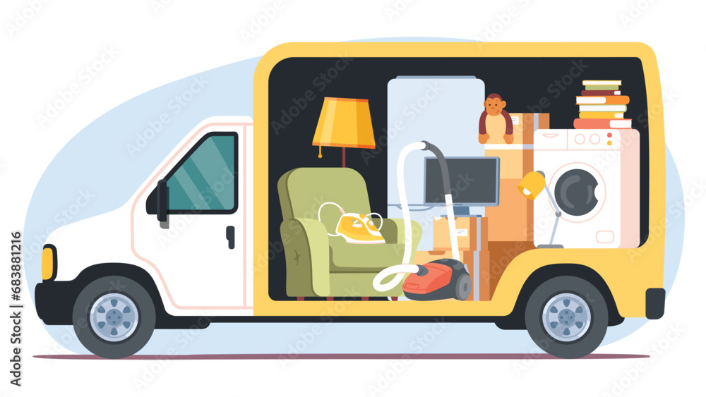Relocation Van Moving home truck with furniture and appliances inside. Boxes packages ...